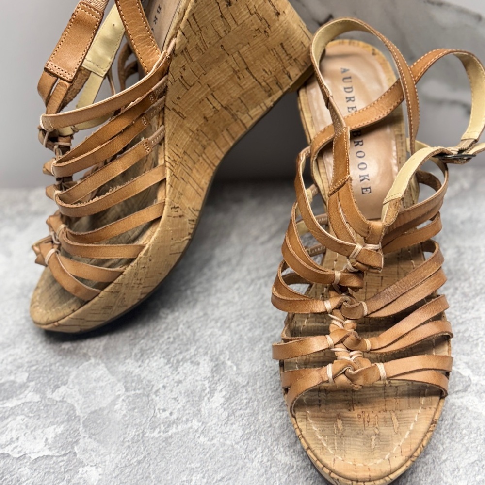 AUDREY BROOKE women’s Leather Wedge Sandal size 10 bohemian open toe